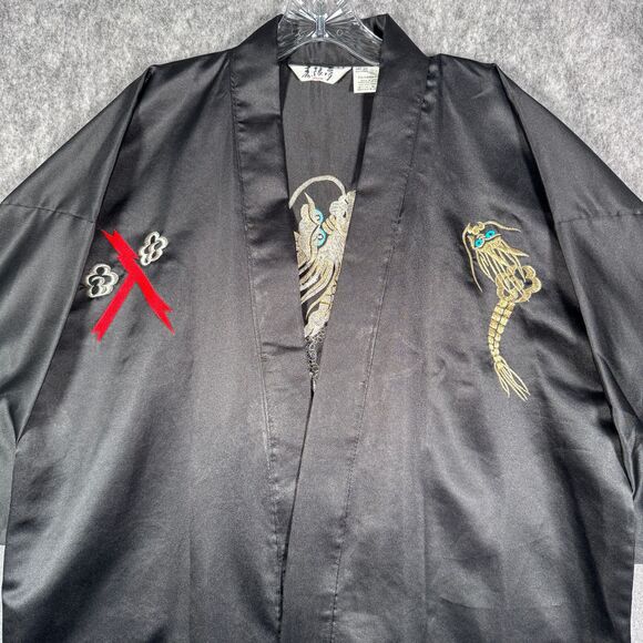 Japanese Kimono Short Sleeve Robe Mens Size 42 Black Japan Embroidered Dragon - Picture 2 of 11